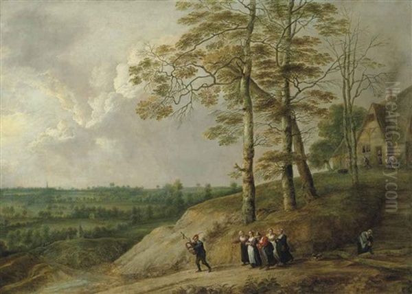 An Extensive Landscape With A Bagpiper And Other Figures On A Path, A Farmhouse Beyond - view 1