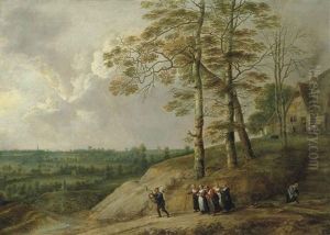 An Extensive Landscape With A Bagpiper And Other Figures On A Path, A Farmhouse Beyond