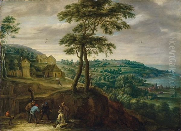 Landschaftsgemalde Mit Einem Weiten Blick Uber Hugel Bis Zu Einer Bucht, Im Vordergrund Eine Gruppe Von Bauern Beim Kugelspiel - view 1