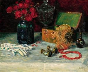 Stilleben Mit Schmuckkassette, Operngucker, Handschuhen Und Blumenstraus In Jugendstilvase by Heinrich Uhl