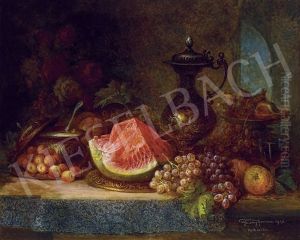 Still-life With Grapes, Fruits And Wine Jug by Ferenc Ujhazy