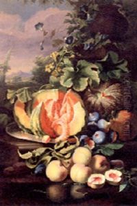 Peaches, Melons And Figs On A Ledge In A Landscape
