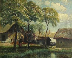 Farm Buildings With A Figure By A Pond by Ignac Ujvary