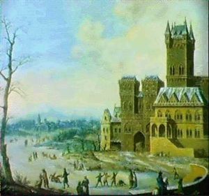Eisvergnugen In Einer Winterlandschaft Mit Einer Gotischen  Burg