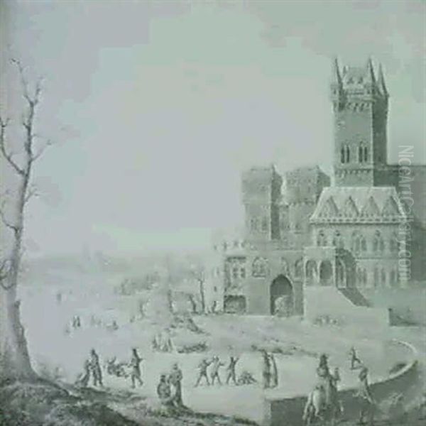 Canal Gele Avec Patineurs Devant Un Chateau - view 1