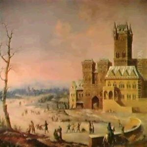 Schlittschuhlaufer, Pferdeschlitten Und Ein Reiter          In Einer Winterlandschaft Mit Einem Schlob