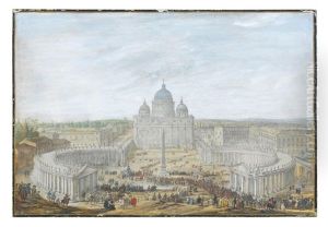 A View Of St Peter's, Rome, With Bystanders Watching A Papal Procession Leaving The Piazza