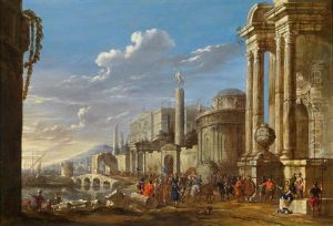 Sudliche Hafenstadt Mit Antiken Gebauden Und Reicher Figurenstaffage