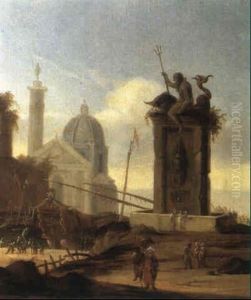 Sudlicher Hafen Mit Einem Steinernen Neptunsbrunnen Und Einem Prunkvollen Segelschiff Sudlicher Hafen Mit Einem Steinernen Neptunsbrunnen Und Einem Prunkvollen Segelschiff