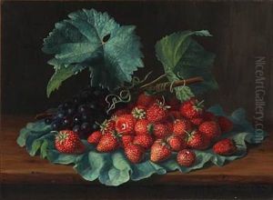 Strawberries And Blue Grapes On A Rhubarb Leaf