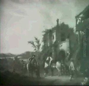Horsemen At A Blacksmith's Forge by Friedrich Ulrich