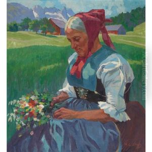 Trachtenfrau Mit Blumenstrauss Vor Alplandschaft by Hans Casper Ulrich