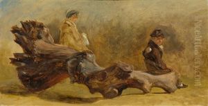 Study Of A Tree Trunk With Two Children by Johann Jakob Ulrich