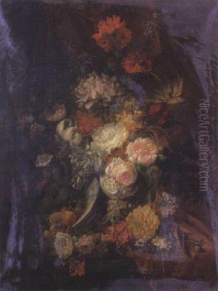Nature Morte: Vase De Fleurs Et Coupe De Fruits Sur Un Entablement - view 1