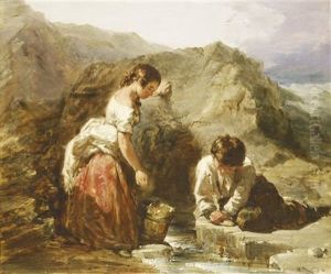 Children Fishing In A Rock Pool by William Underhill