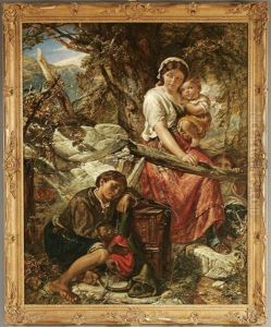 A Young Organ Grinder With His Monkey Resting In A Clearing While A Mother And Her Children Look On