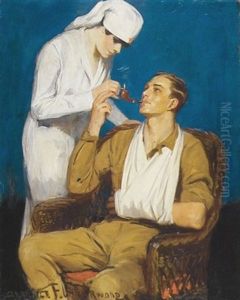 Nurse Lights Pipe For Wounded Soldier (illus. For R.j. Reynolds Tobacco Co.) by Clarence Frederick Underwood