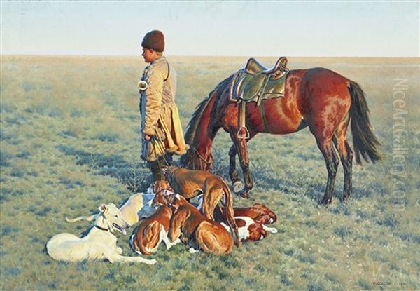 A Cossack With His Horse And Resting Dogs - view 1