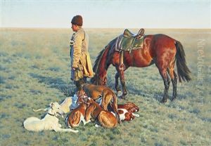 A Cossack With His Horse And Resting Dogs by Hugo Ungewitter
