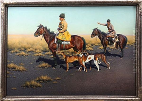 Kosakenreiter In Weiter Landschaft Mit Jagdhunden - view 1