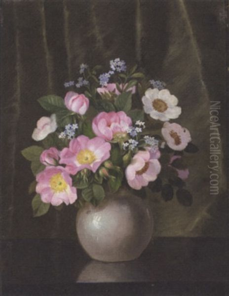 Summer Flowers In A Grey Vase On A Polished Table - view 1