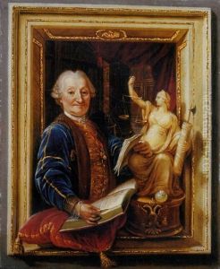 Portrait Of Wenzel Anton, Furst Von Kaunitz, Resting His Right Hand On An Open Book And His Left On A Statue Of Justice, A Library Beyond