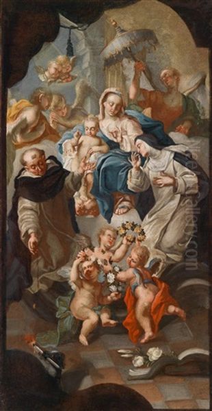 Rosenkranzmadonna Mit Dem Heiligen Dominikus Und Der Heiligen Katharina Von Siena, Von Engeln Umgeben - view 1