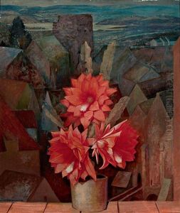 Fensterbrett Mit Rot Bluhendem Kaktus Vor Dachlandschaft by Franz Xaver Unterseher