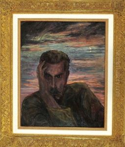 Selbstportrait Franz Xaver Unterseher Mit Aufgestutztem Kopf Vor Nachtlichem Himmel