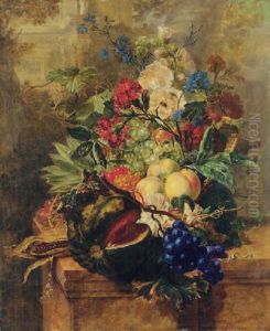 A Melon, Peaches, Grapes, Cherries And Berries With Carnations And Other Flowers In A Basket On A Ledge, A Classical Building Beyond by Harmanus Uppink