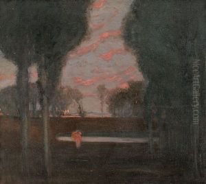 Abendliche Parklandschaft Mit Einsamer Frauengestalt Abendliche Parklandschaft Mit Einsamer Frauengestalt