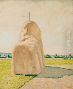 Sonnige Erntelandschaft Mit Groser Strohmiete by Hermann Urban