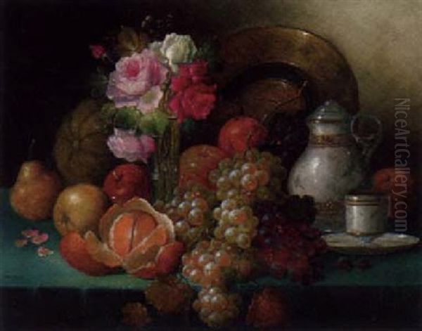 Grapes, Apples, Pears, Oranges And A Melon, With A Vase Of Roses, A Copper Ewer, A Pitcher Cup And Saucer On A Table - view 1