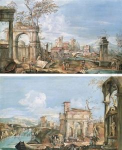 Un Caprice Architectural Avec Des Promeneurs Dans Des Ruines (+ Un Caprice Architectural Avec Des Promeneurs Au Bord D'une Riviere; Pair) by Andrea Urbani