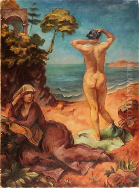 Stehender Akt Und Sitzende Am Strand - view 1