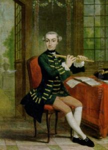 Portrait Of A Nobleman, Seated At A Table In An Interior, Wearing A Gold Embroidered Green Jacket, Playing The Flute