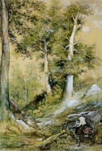 Frau Mit Einem Esel Am Waldbach by Georg Johann Christian Urlaub