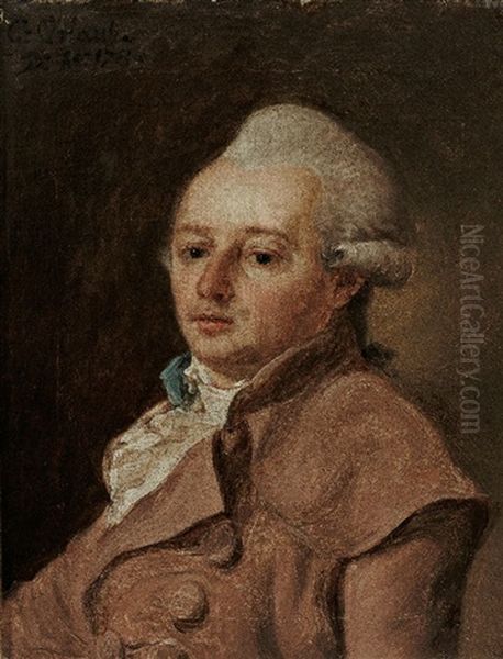 Herrenportrait Mit Weis Gepuderter Perucke, Weisem Plastron Und Auberginefarbener Jacke - view 1