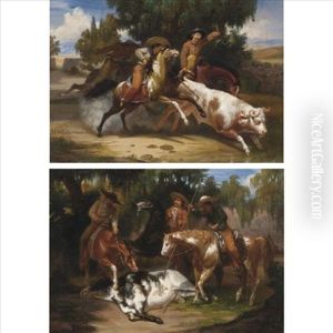 Lanceando Un Toro (+ La Muerte Del Toro, 1863; Pair) by Juan Urruchi