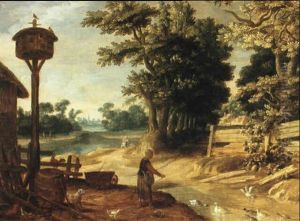 A Landscape With A Peasant Woman Feeding Ducks by Johannes Urselincx