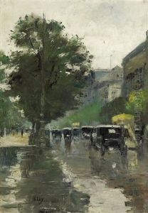Berliner Strassenmotiv Mit Automobilen Und Dem Hotel Adlon (berlin Street Scene With Cars And The Hotel Adlon) by Lesser Ury