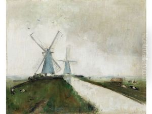 Hollandische Kanallandschaft Mit Windmuhlen by Lesser Ury