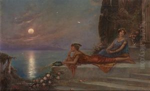 Zwei Damen Auf Einer Balustrade Am Meerufer Bei Vollmond Zwei Damen Auf Einer Balustrade Am Meerufer Bei Vollmond