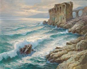 Romantische Kustenlandschaft Mit Malerischer Festung by Max Usadel
