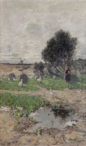 Jeune Bergere Aux Oies Au Bord De L'eau