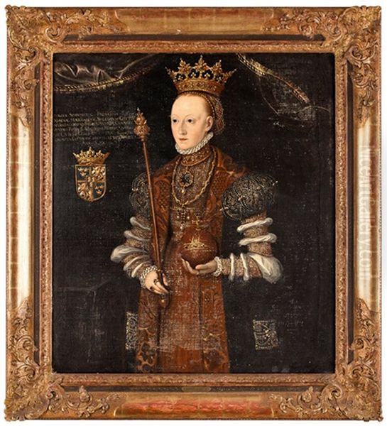 Drottning Margareta Leijonhufvud, Ikladd Broderad Och Parlbestrodd Drakt Barande Riksregalierna, Knabild - view 1