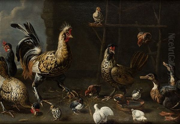 Composicion Con Gallo, Gallinas, Pollos Y Patos - view 1