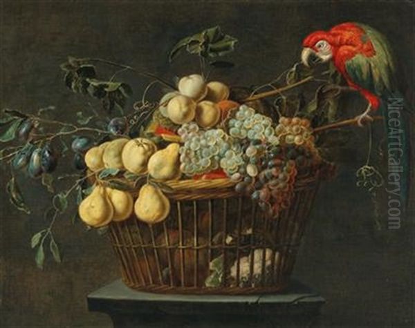 Still Life Of A Basket Of Fruit With A Parrot - view 1