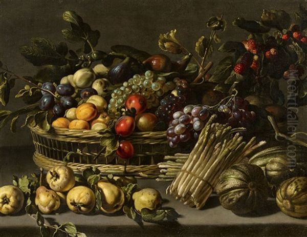 Still Life With Fruit In A Basket Surrounded By Melons, Quinces, And Asparagus - view 1