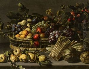 Still Life With Fruit In A Basket Surrounded By Melons, Quinces, And Asparagus